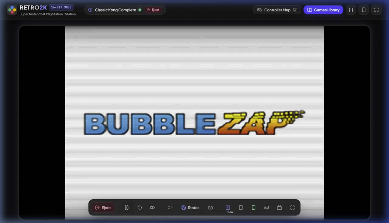 Retro2K desktop emulator stage with a running homebrew title and the main control dock.